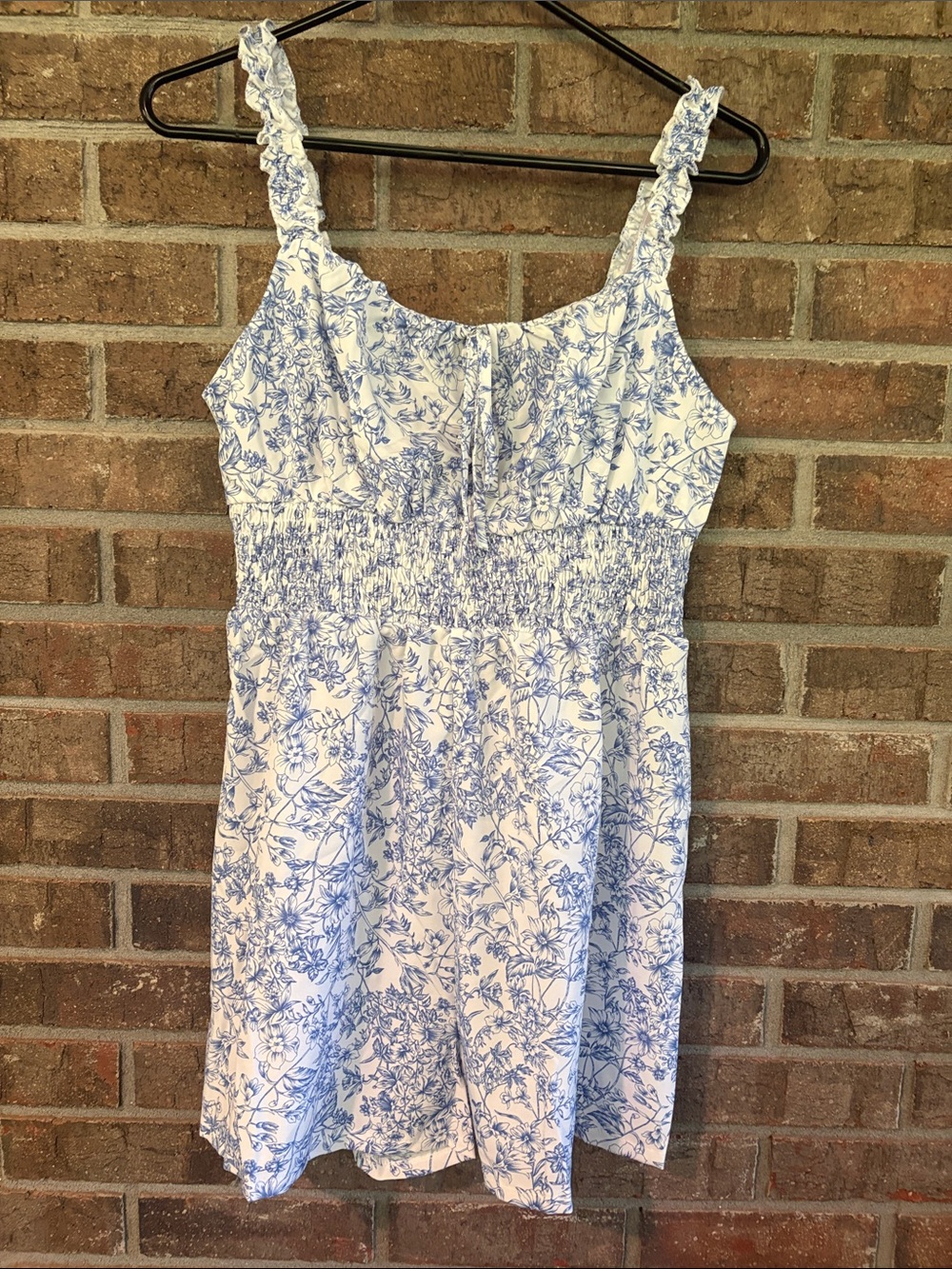 SHEIN White and Light Blue Floral Smocked Romper Shorts